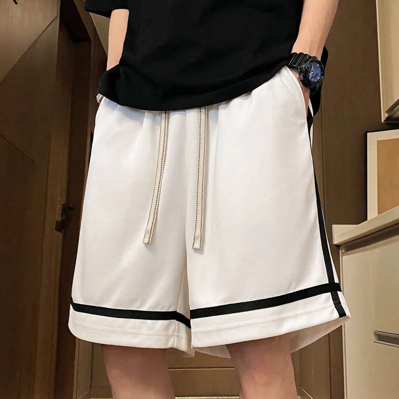

American Sle Spliced Ice Silk Casual orts for Men Summer Trendy Loose Straight Leg Five-Quarter Length Simple Versatile