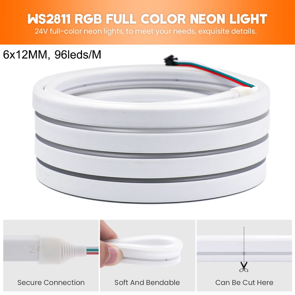 Tira de luces LED de neón RGBIC, 12V/24V, 5M, 10M, WS2811, cuerda de luz regulable, barra de luz impermeable para decoración dinámica del hogar