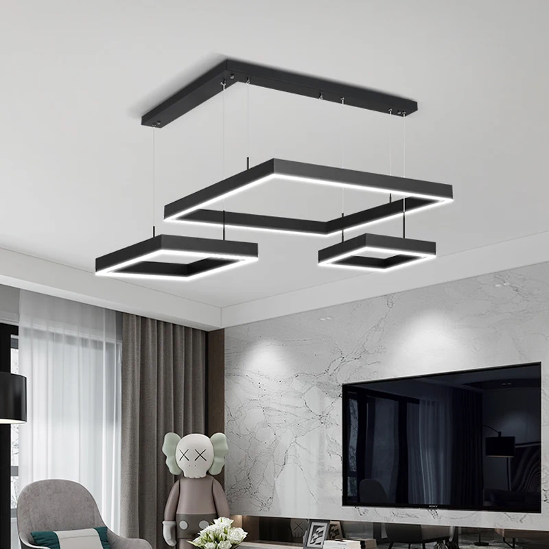 

Modern Minimalist Black Chandelier Rectangle Design Living Room Pendant Lamp Dining Hall Dimmable Droplight Bedroom Hanging Lamp