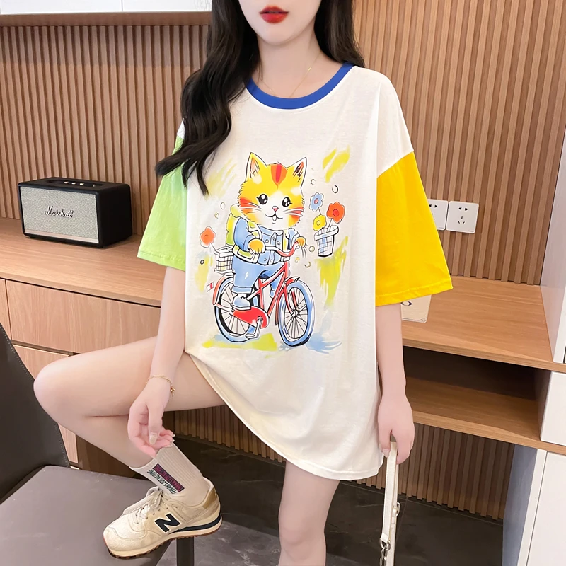 

Summer pure cotton Korean loose cartoon color blocking short sleeved t-shirt for women's age reducing top with short sleeves