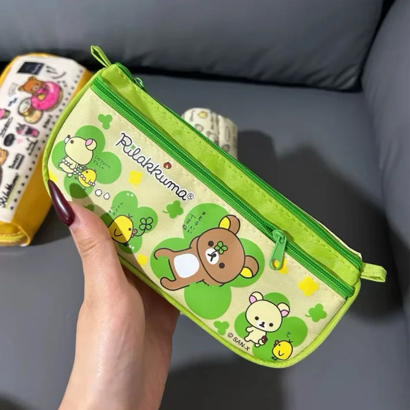 Miniso Kawaii Rilakkuma Clover Canvas Print Pencil Case High Capacity Cosmetic Storage Bag Cartoon Anime Periphery Girl'S Gift