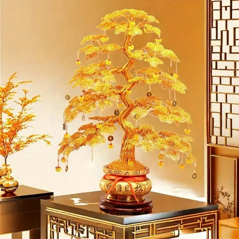 1pc Hand Woven Money Tree, Foyer Wealth Tree Decoration, TV Wine Cabinet Light Luxury Decoration, Chinese Style Wealth Attractin