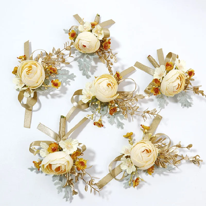 Boutonniere En Pols Corsage Bruiloft Benodigdheden Banket Gasten Gesimuleerde Bloemen Bruidegom Bruid Champagne Gouden 349