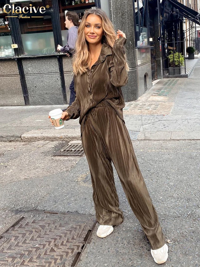 Clacive Casual Loose Shirts Pants Set Woman 2 Pieces Elegant Brown High Waist Pant Suits Fashion Pleated Home Wide Trouser Suits