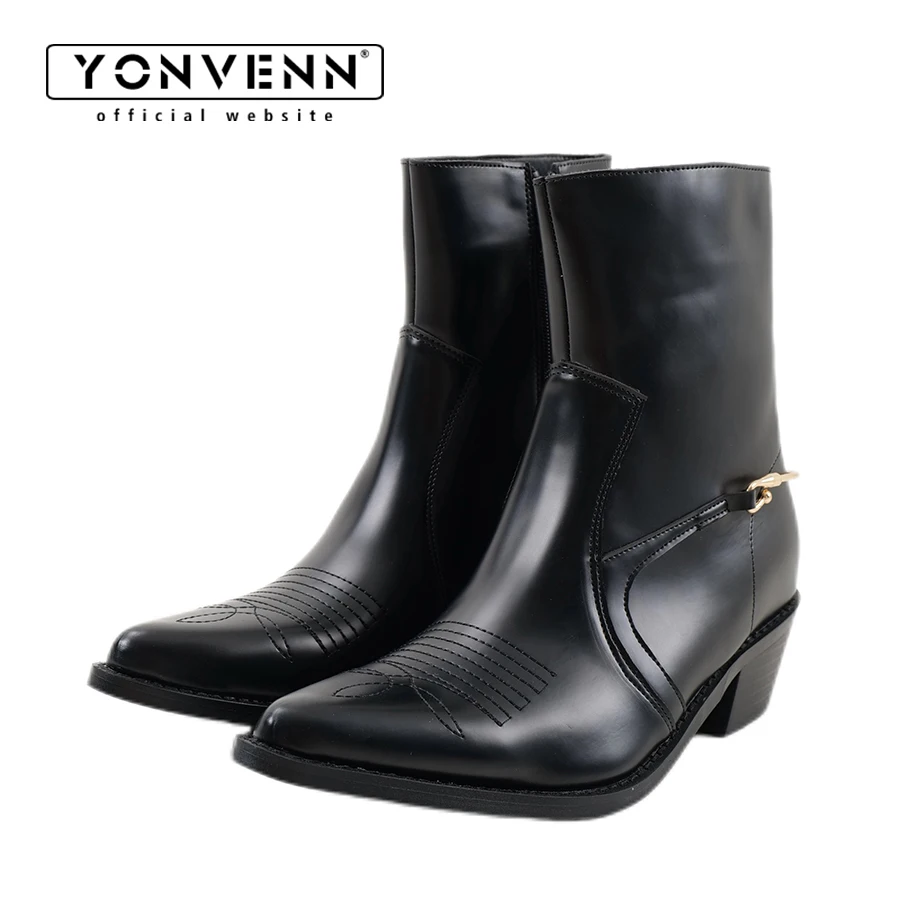 YONVENN original pointed leather shoes for men fashionable denim style Chelsea boots side zipper metal decoration casual boots