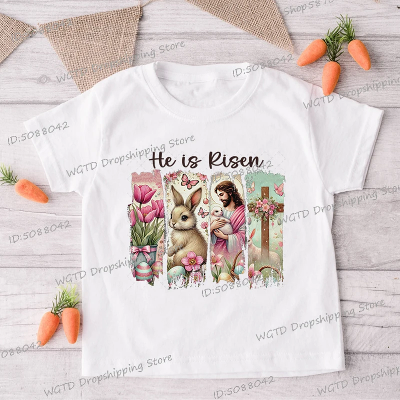 Vintage Christianity Rabbit Print Kids T-shirts Jesus God Graphic Fashion Boys Girls T Shirts Fashion Easter Cartoon Tops Tees