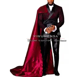 Unique Jacquard Suits Men For Wedding Double Breasted Blazer With Cape Tailore-made Jacket Pants Groom Tuxedo Graduatuion Dress