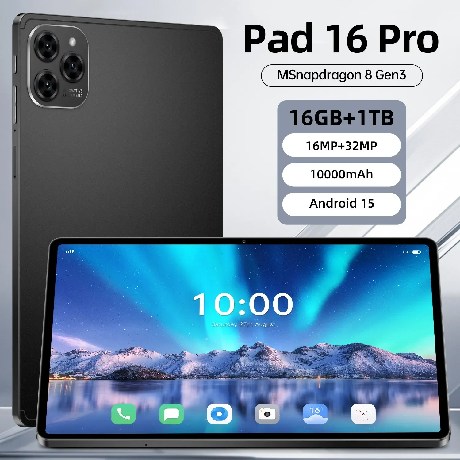 

2025 Global Version New 10.1inch Pad 16 Pro Tablet Android 15 Snapdragon 8gen3 HD 16GB+1TB 10000mAh 5G Dual SIM WiFi