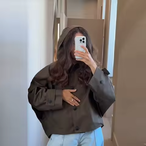 Chic Vintage Loose Jacket For Women Long Sleeve Single Breasted Hoodie Coat Casual Outwears 2025 New Lady Autumn Streetwears