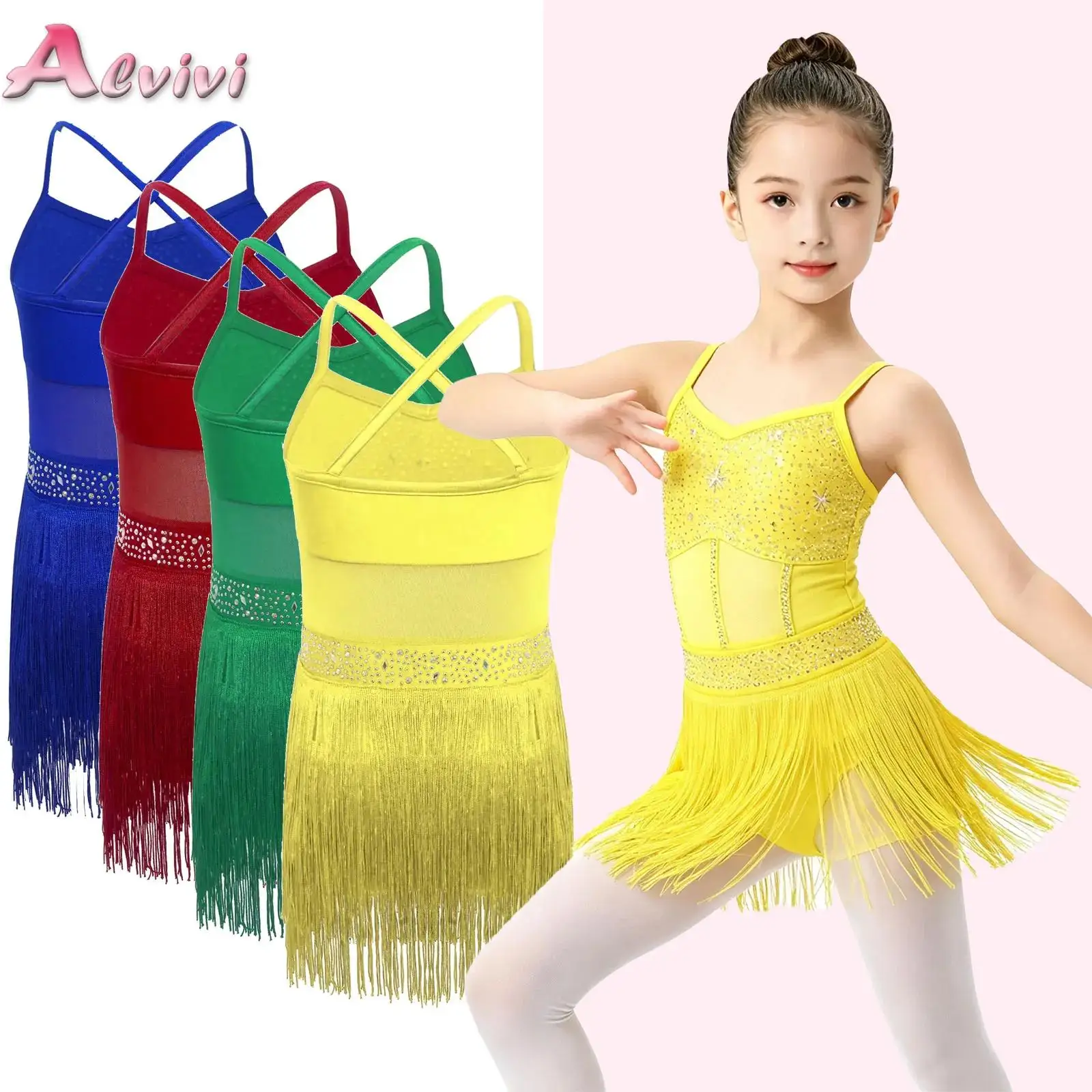 

Kids Girls Rhinestone Latin Tango Jazz Dance Leotard Dress Sheer Mesh Tiered Tassel Fringe One Piece Bodysuit Dress Dancewear