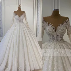 Real Photo Lace Appliques Ballgown Wedding Dresses Sweep Train Illsion Long Sleeves Robes De Mariée Plus Size Bridal Gowns