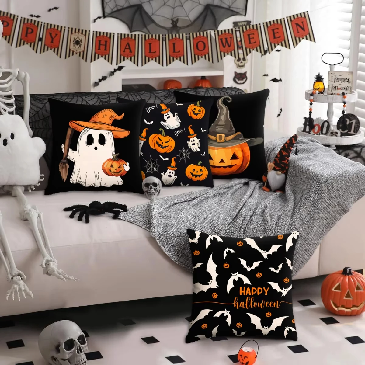 Halloween Cute Ghost Pumpkin Head Bat Pillow Covers Decorative Home Double-sided Print Square Pillow Living Room Pillowcase