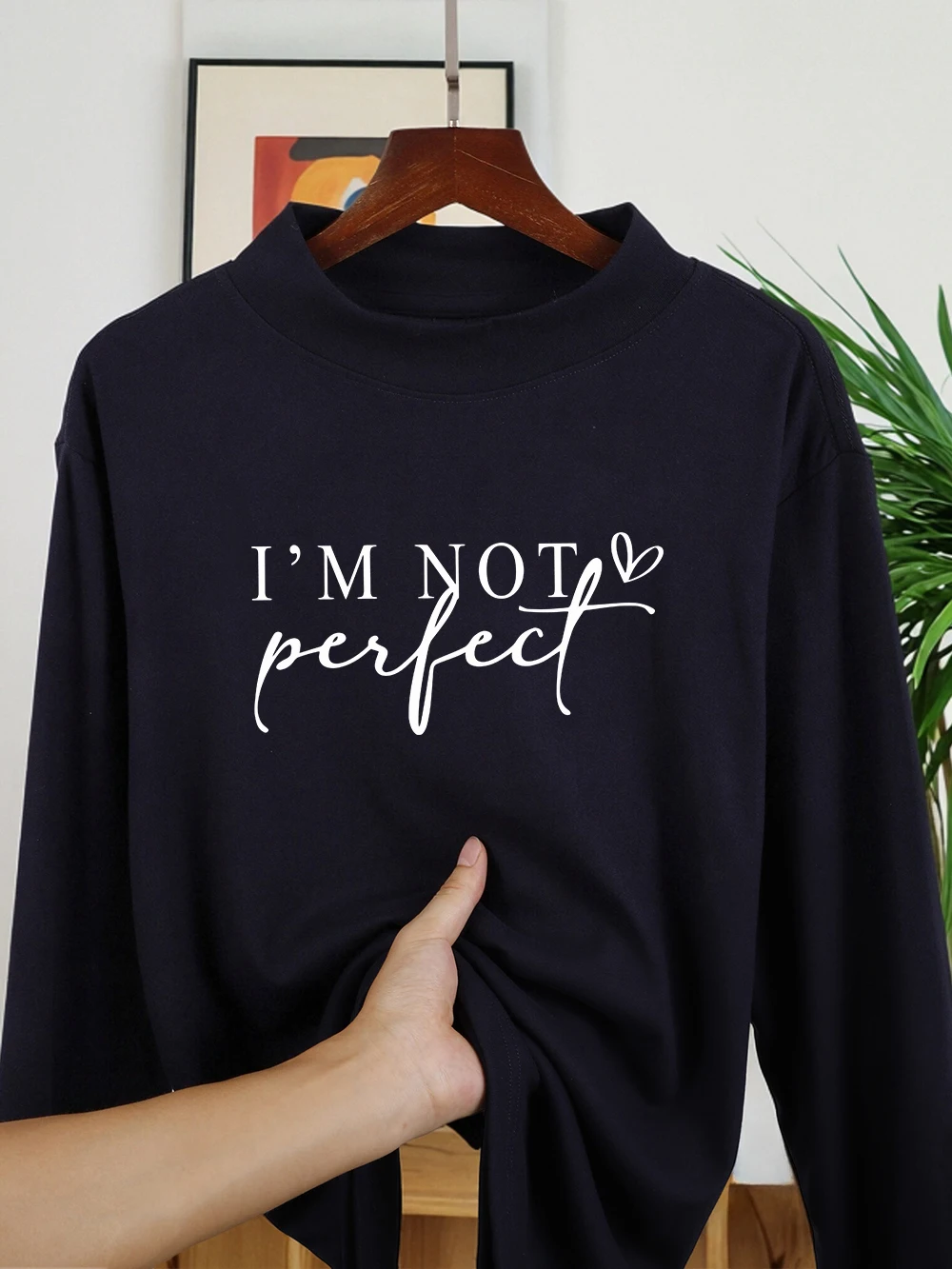 Camisetas con estampado de letras artísticas I'M Not Perfect para mujer, Tops de lana de otoño, camisa cálida de medio cuello alto ajustada, ropa básica