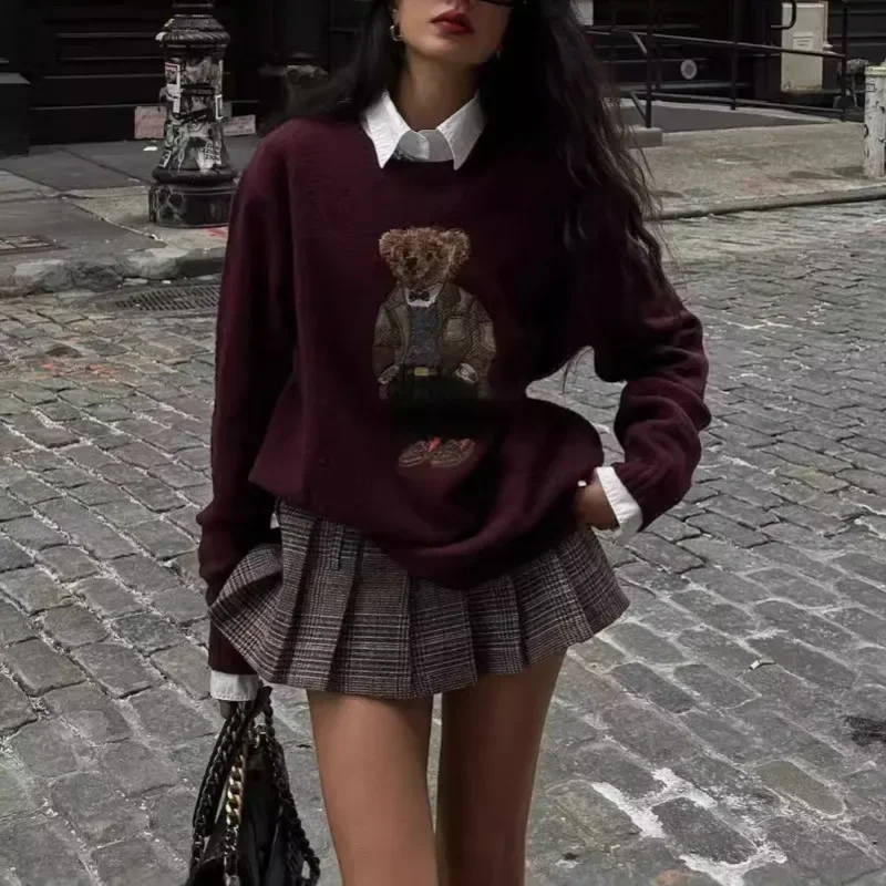 

Winter Women's Sweater Clothing Bear Embroidery Round Neck Slim Fit Sweater Cartoon College Style Knitted Oversized Y2k