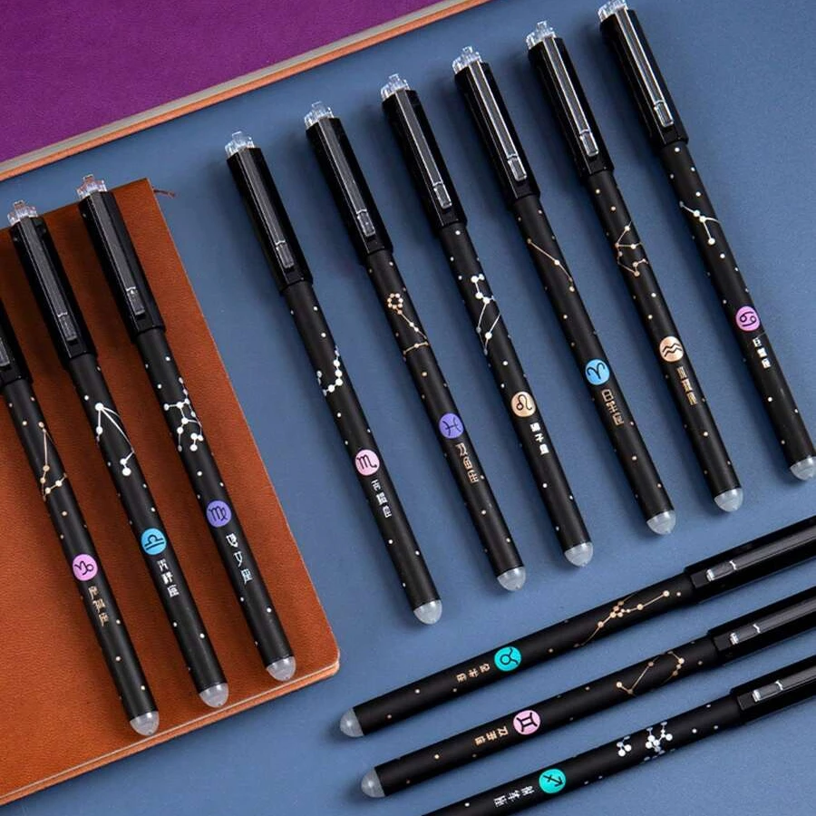 

12PCS，Erasable Gel Ink Pens , with Eraser 0.5mm Fine Point Black 12 Constellations Creativity 12 Zodiacs Neutral Ballpoint Pen