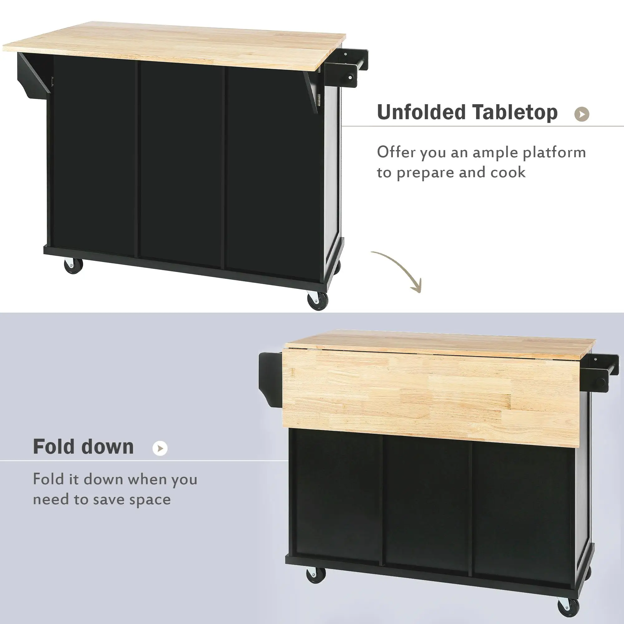 Black Kitchen Cart with Rubber Wood Drop-Leaf Countertop, Storage Cabinet & 3 Drawers on 5 Wheels - Ideal for Dining Room