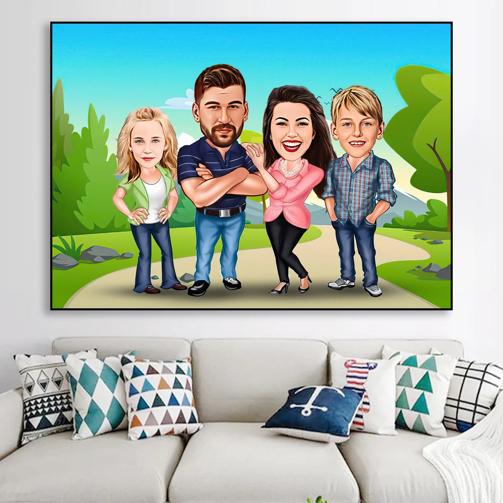 Custom Personalized Family Cartoon Portrait Poster Mom Dad Kids Portrait Prints Birthday Gift Home Room Wall Art Canvas Painting