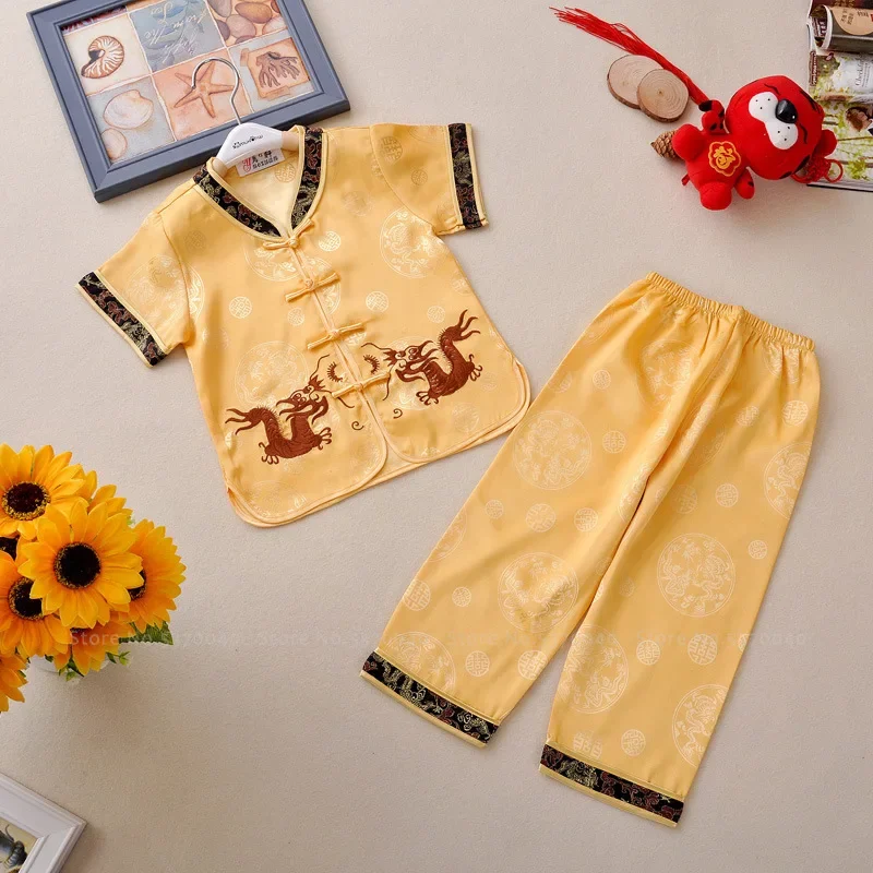 4Colors Kids Boy Dragon Embroidered Tang Suit Tops Shirt Pants Children Girl Chinese Style New Year Outfits Kung Fu Clothing Set