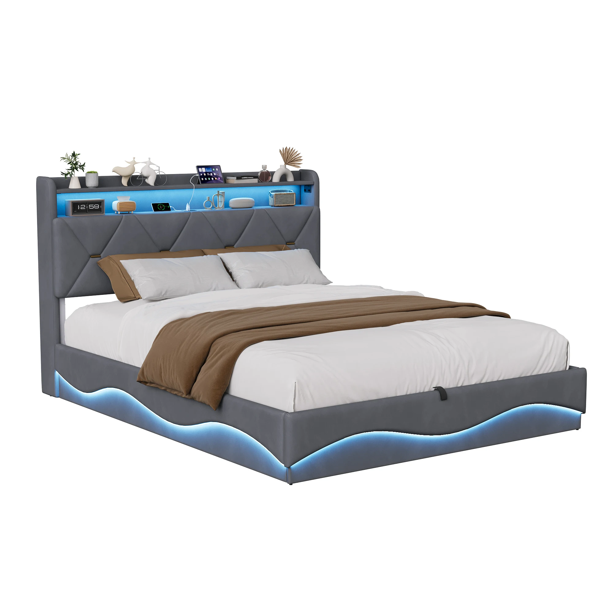 Kinderbed 90x200cm Gestoffeerd bed 140x200 met LED-verlichting, USB- en Type-C-poort, Slaapkamer Tweepersoonsbed met lattenbodem, Fluweel