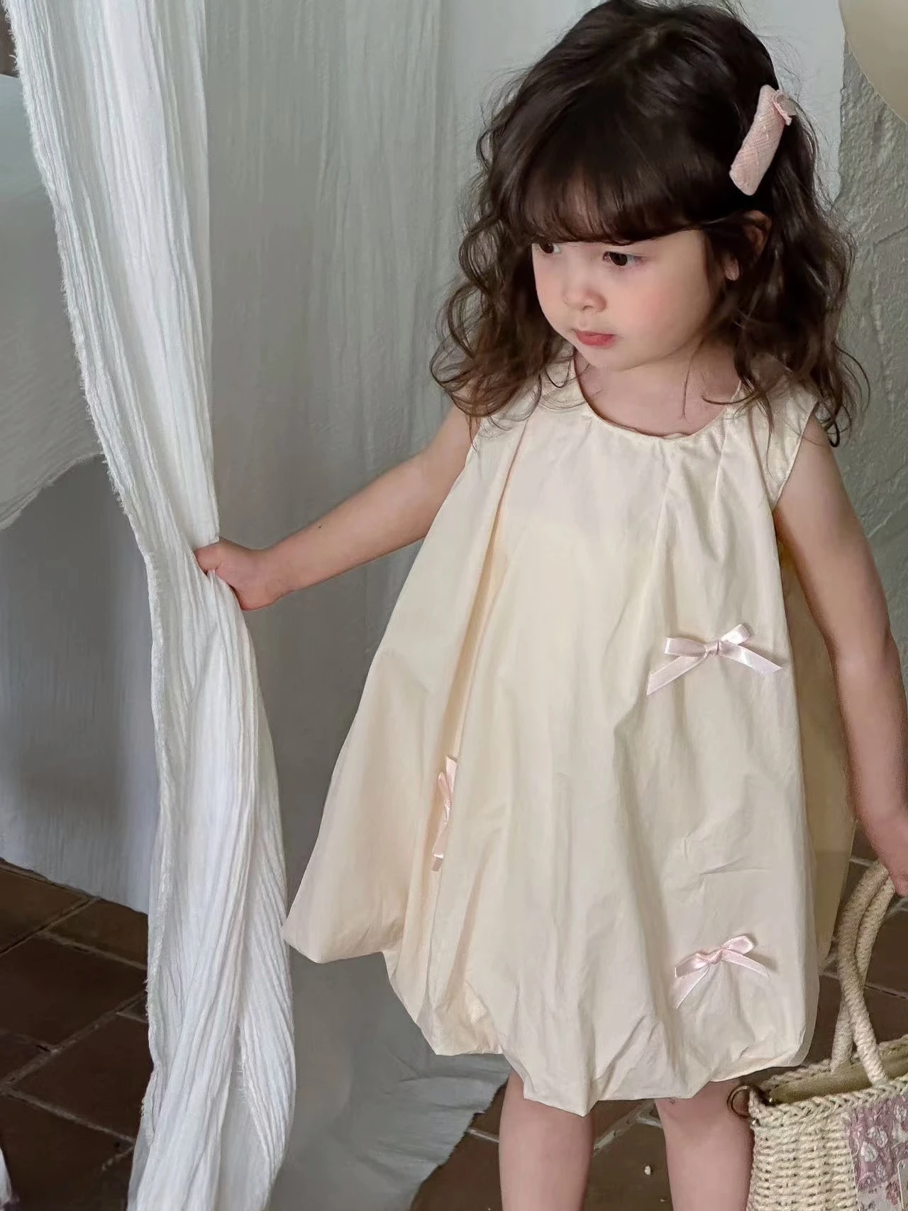 Girl's Flower Bud Dress 2024 New Summer Cute Bow Round Neck Tank Top Dresses Fashion Lively Princess Birthday Party Fluffy Skirt