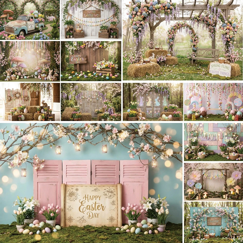 

MOON.QG Easter Decoration Background Photography Truck Rabbit Fence Backdrop Girl Photozone Photo Booth Photography Props Decor