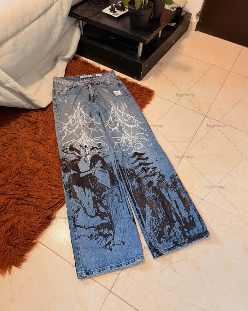 

Hip-hop Harajuku Anime Print Y2K Jeans Women Trendy Brand Retro Streetwear Trousers Gothic Punk High-waist Straight-leg Pants
