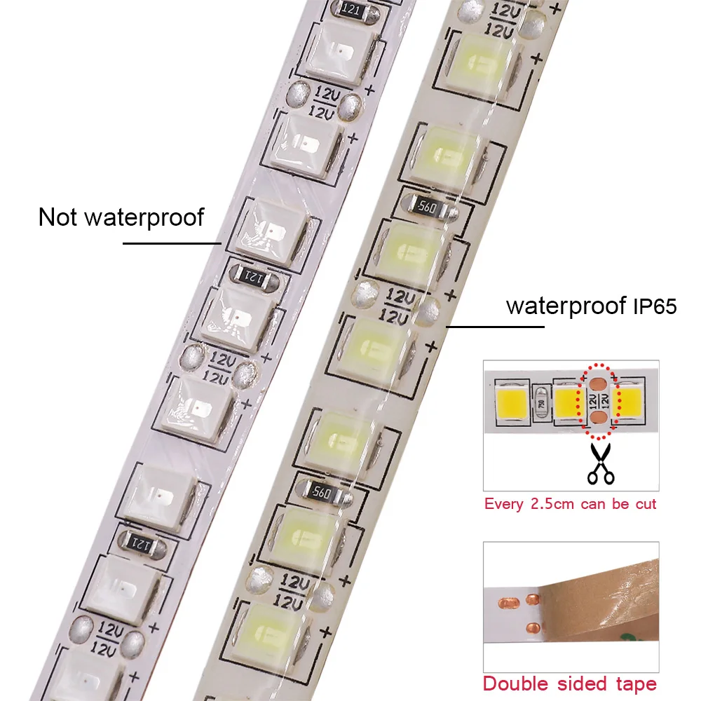 Tira de luces LED para decoración del hogar, cinta Flexible impermeable de 12V y 5m, SMD 5050, 2835, 5054, 5630, 120Led, 240LED, 60LED, 10 colores