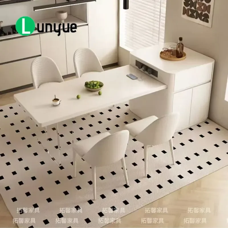 Modern Cream Sintered Stone Dining Table with Integrated Bar Retractable Design for Small Apartment High End Minimalist