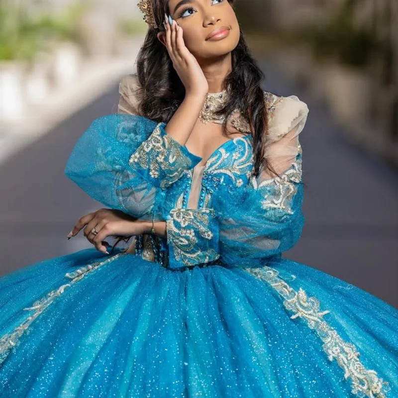 

Shiny royal blue Quinceanera Dress off-shoulder crystal glitter decal Long tail vestidos de 15 Quinceanera ﻿Customize