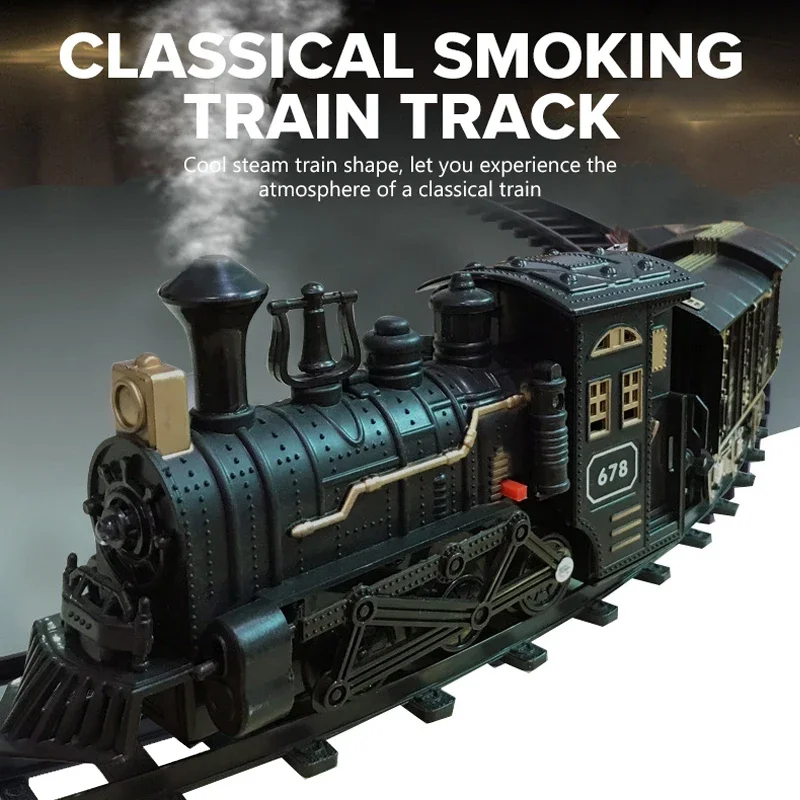 Set di binari per treni elettrici classici Treno a vapore spray con kit di treni locomotiva simulata sonora Modello retrò Regalo per bambini