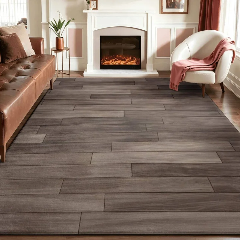 Large Indoor Area Rug, Soft Velvet Low Pile Machine Washable Rug with Wood Plank Pattern in Warm Brown Gray, Great for Living Room, Bedroom, Dining Room, Modern Home Decor