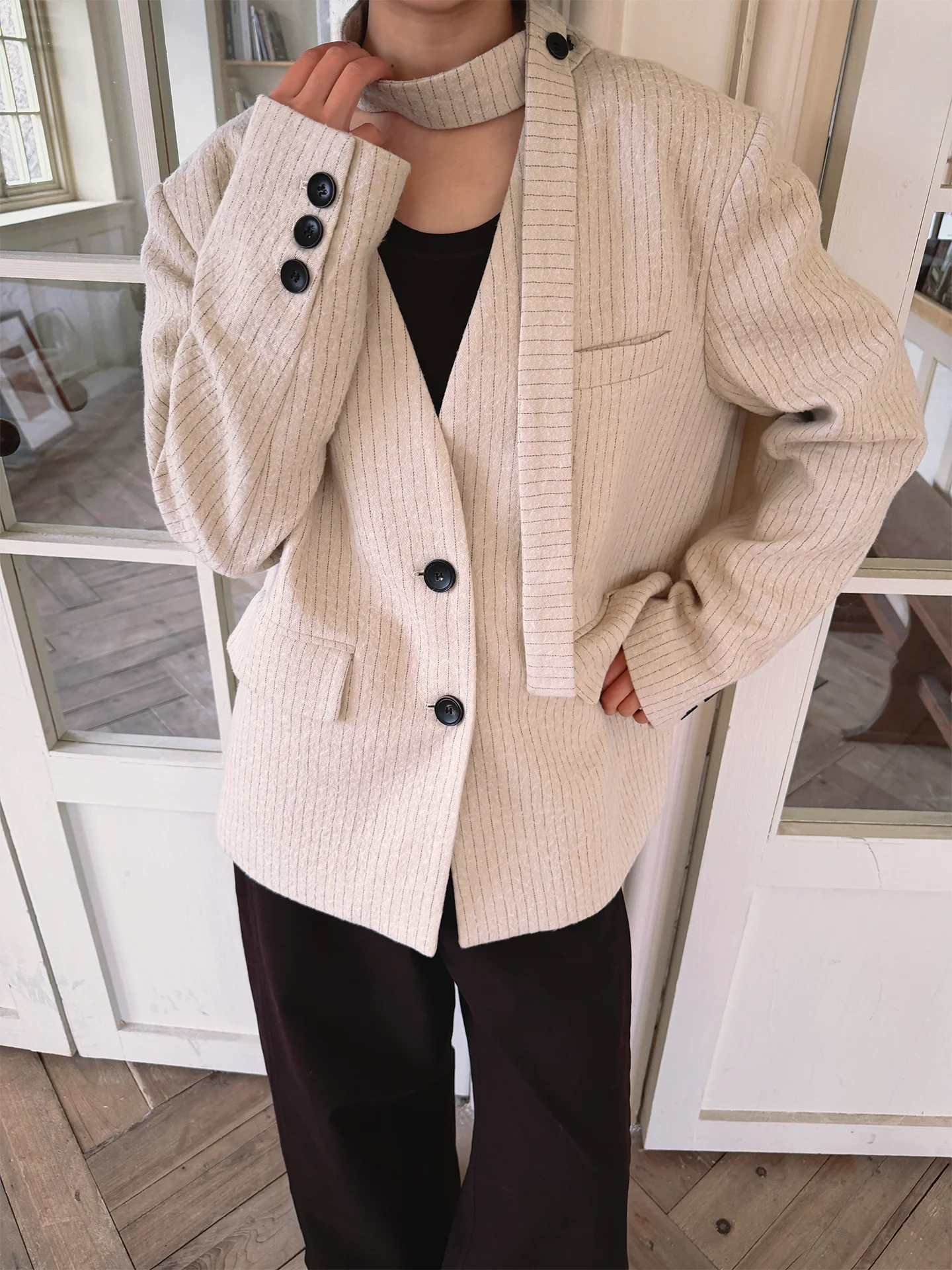 

Rustle l Texture Wool Cotton Stripe Suit Jaet Women's Nel Scarf Faionable Loose Fit Long Sve Button up