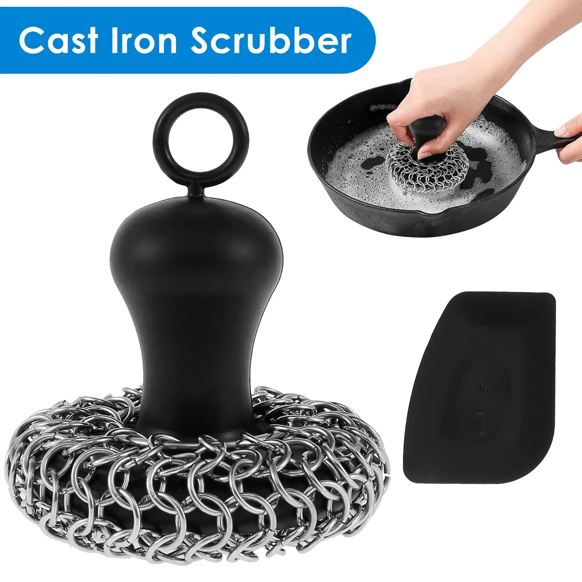 New Cast Iron Scrubber Food Grade Stainless Steel Chainmail Scrubber with Heat Resistant Pan Scraper Anti-Rust Cast Iron