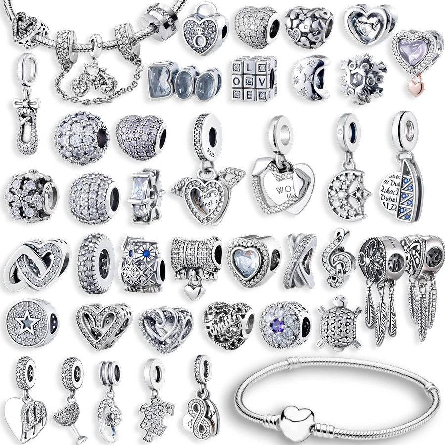 

NEW 925 Silver Plated Charms for Bracelet Necklace DIY Jewelry Making Sparkling Love Heart Star Moon Bead Pendant for Women Gift
