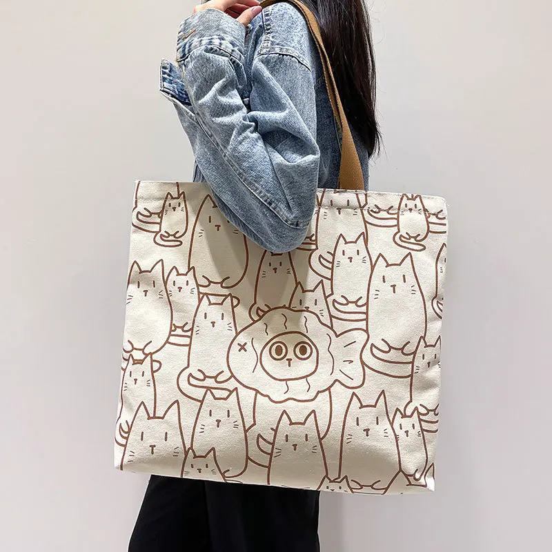 2024 Spring Cartoon Cat Canvas Bag Women's Large Capacity Handbags Original Bag College Student Shoulder Bags Unisex