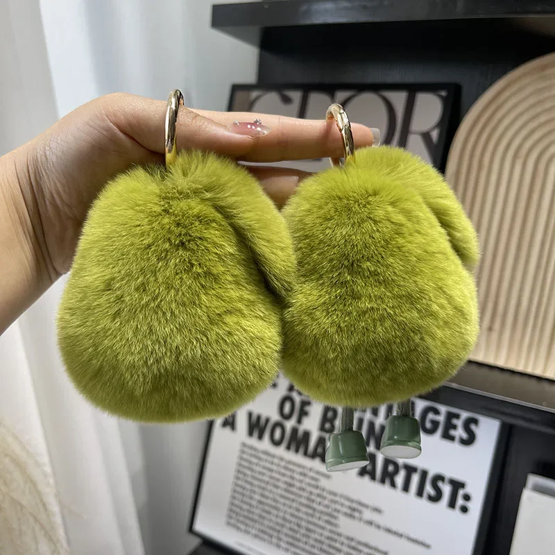 New [cute Avocado] Real Fur Rex Rabbit Hair Car Keychain Pendant Ins Pom-pom Book Bag Pendant Cute Keychain