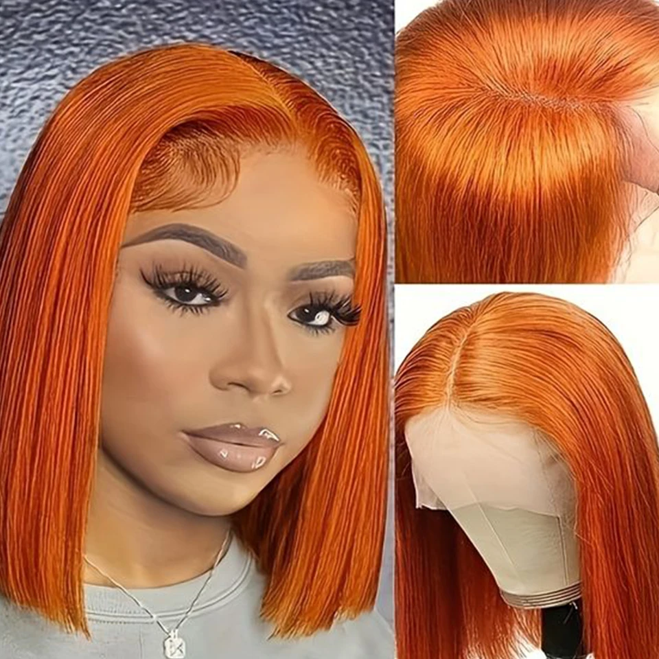 Ginger Orange HD Transparent Short Bob Human Hair Wigs Brazilian Highlight Straight 13x6x2 Lace Front Wig For Women Pre Plucked