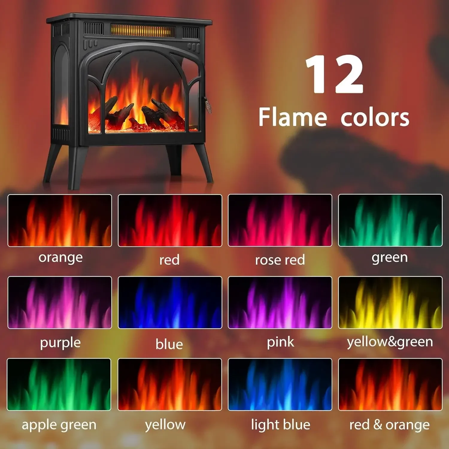 Stufa elettrica portatile per camino da interno, 12 colori a fiamma, 5 luminosità della fiamma, 5 velocità della fiamma, controllo della temperatura USA