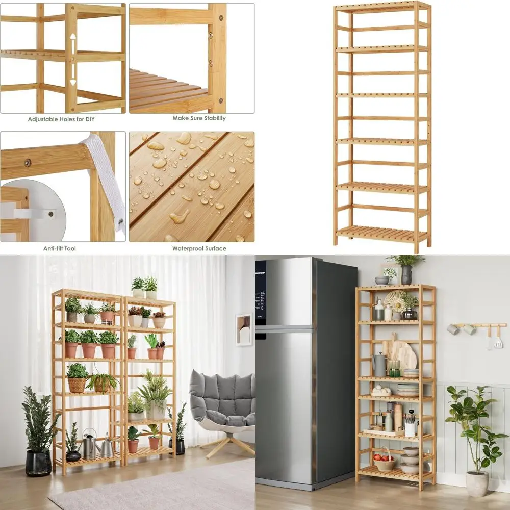 

6-Tier Tall Bookcase Storage Shelves, Adjustable Rack for Home, Office, Living Room, Kitchen, Natural Finish