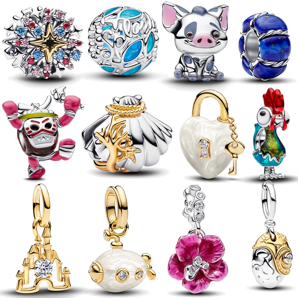 Nuevo Charm Colgante de Plata de Ley 925 Bañada en Plata con Diseño de Gallo Grande, Cerdito, Submarino y Concha de Coral, Compatible con Pulsera Pan, Joyería DIY para Mujer