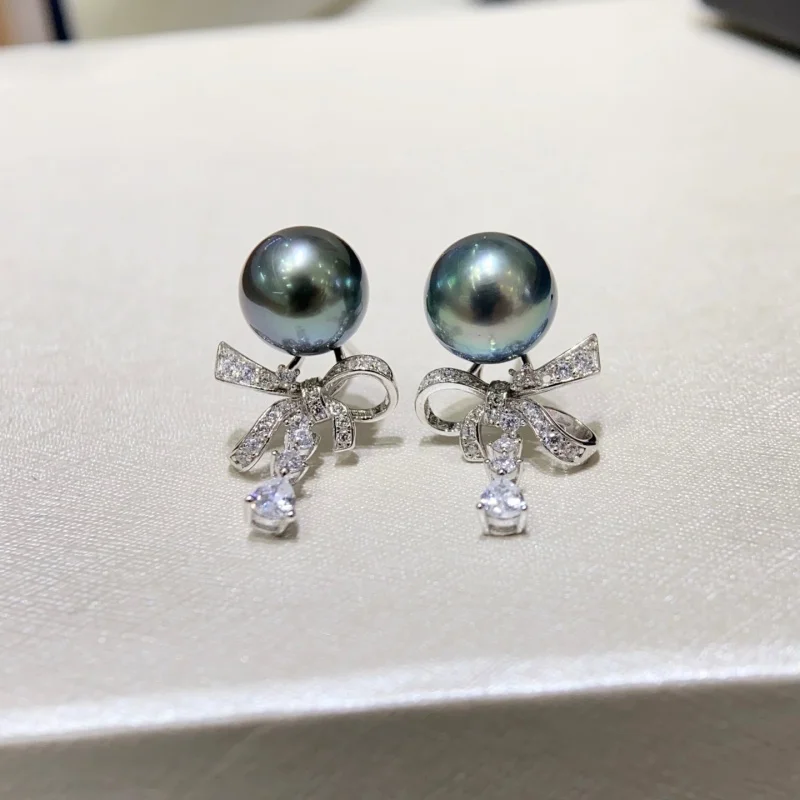 SGARIT اللون الطبيعي 10-11 مللي متر تاهيتي اللؤلؤ الأسود موضة القوس أقراط 925 فضة اللؤلؤ الفاخرة النساء هدية عالية الجودة #2