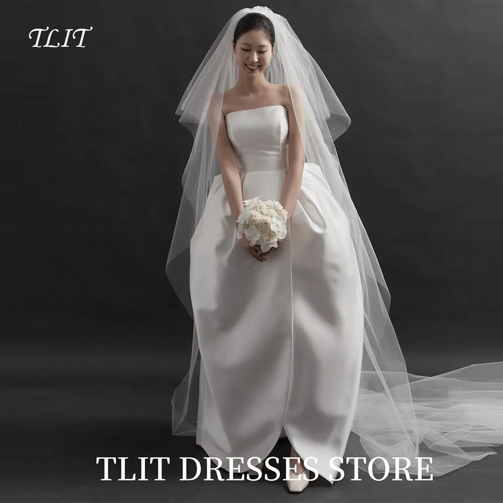 

TLIT Simple White Soft Satin Wedding Dresses Korea Wedding Dresses Photo Shoot Strapless Sleeveless Bridal Gowns Customized