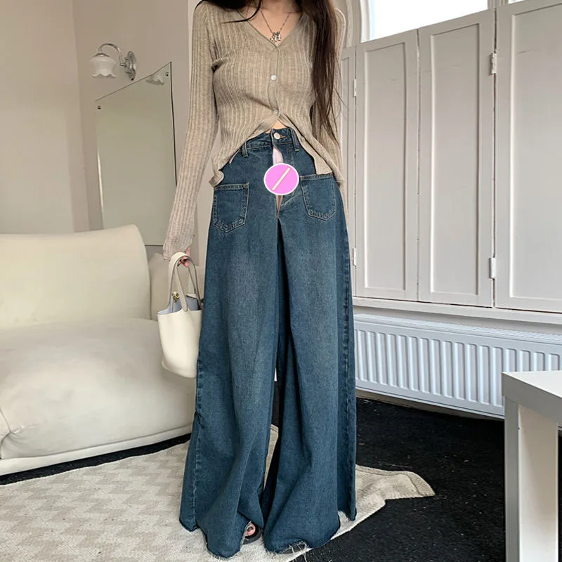 

Women‘s Large Size Retro Fat Outdoor Invisible Open Crotch Sex Pants Boyfriend Jeans Casual Trousers Loose Wide Leg Denim Pants