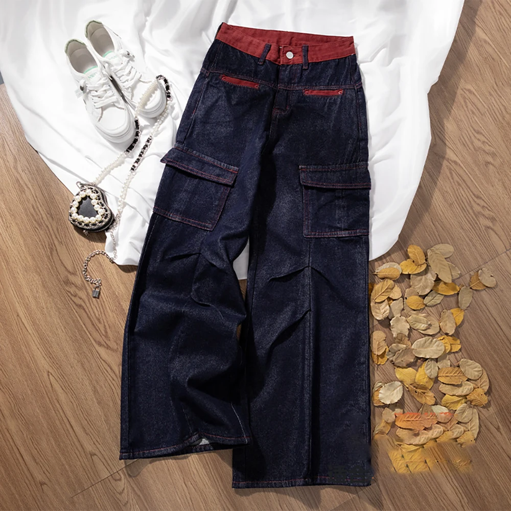 

Джинсовые синие лоскутные брюки контрастного цвета для женщин, большие брюки-карго с несколькими карманами, новинка 2025 года, модные прямые широкие джинсы