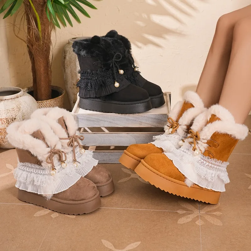 Winter New Trend Casual Lace Trim Round Toe Mid Calf Women's Snow Boots 2026 Fashion Lace Up Design Comfortable Warm Women Shoes