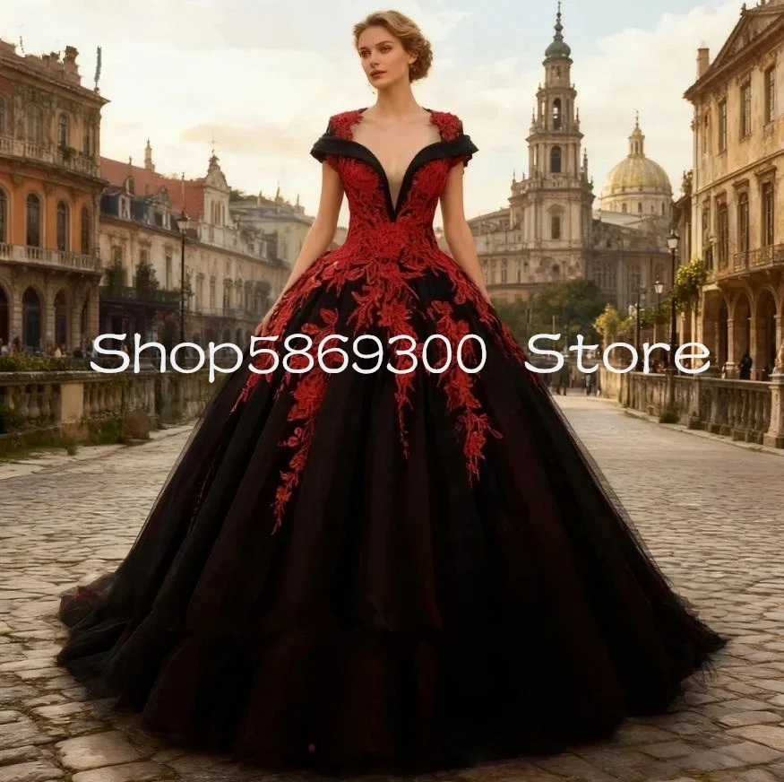 ชุดแต่งงานสไตล์โกธิคสีดำแดง แขนคลุมยาว ผ้าทูลล์ ชุดเจ้าสาววิคตอเรียนสำหรับงานแต่งในสวน ชุดเจ้าสาววินเทจสั่งตัดได้