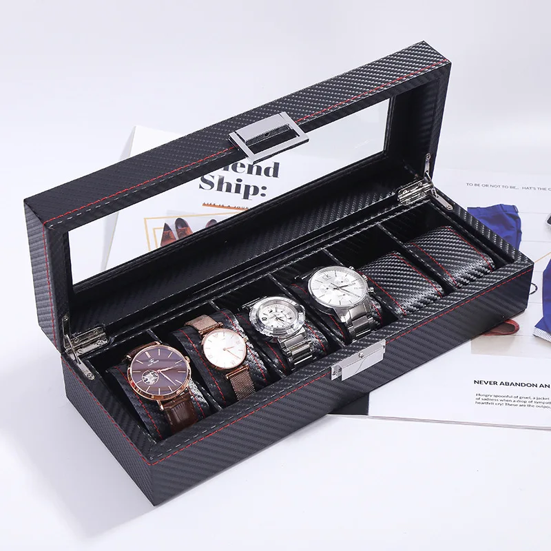 Watch Box for Men 3/5/6 Slots Watch Organizer, Watch Case,Carbon Fiber Design Real Glass Top, Smooth Faux Leather Interior