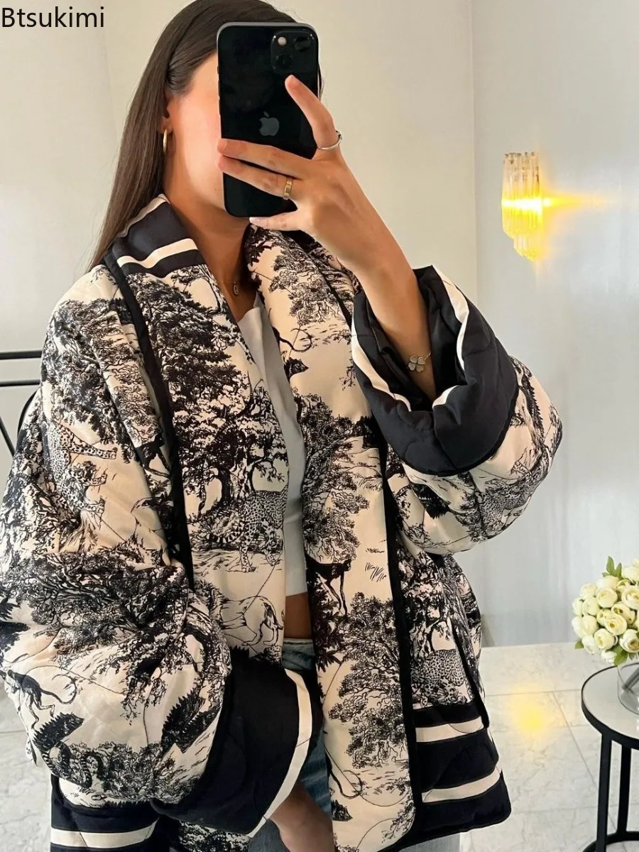 

Vintage Quilted Jacket Women Lapel Printed Cotton Coat Winter Warm Pocket Cardigan Coat Long Sleeve Scarf Collar Warm Outwear