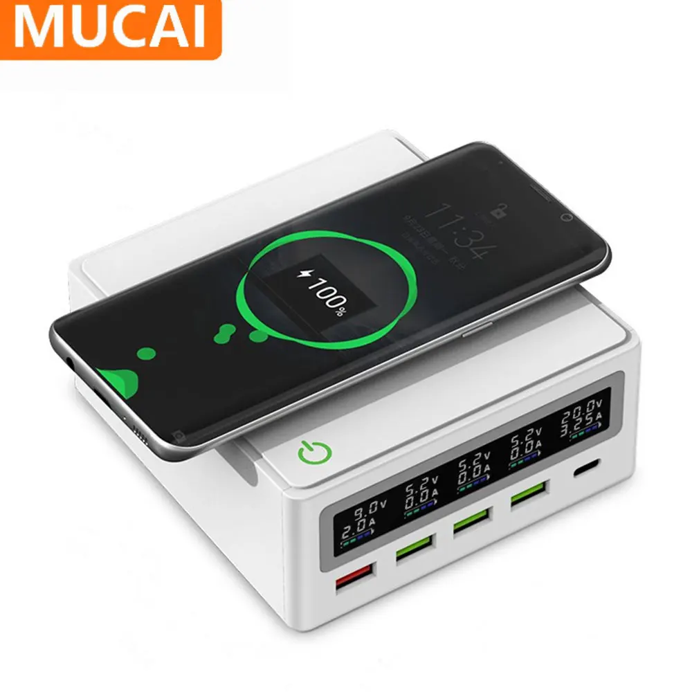 

MUCAI 130W USB Charger QC3.0 PD 65W Fast Charger 5 Ports USB Charging Station Wireless Charger For iPhone 13 12 Macbook Xiaomi