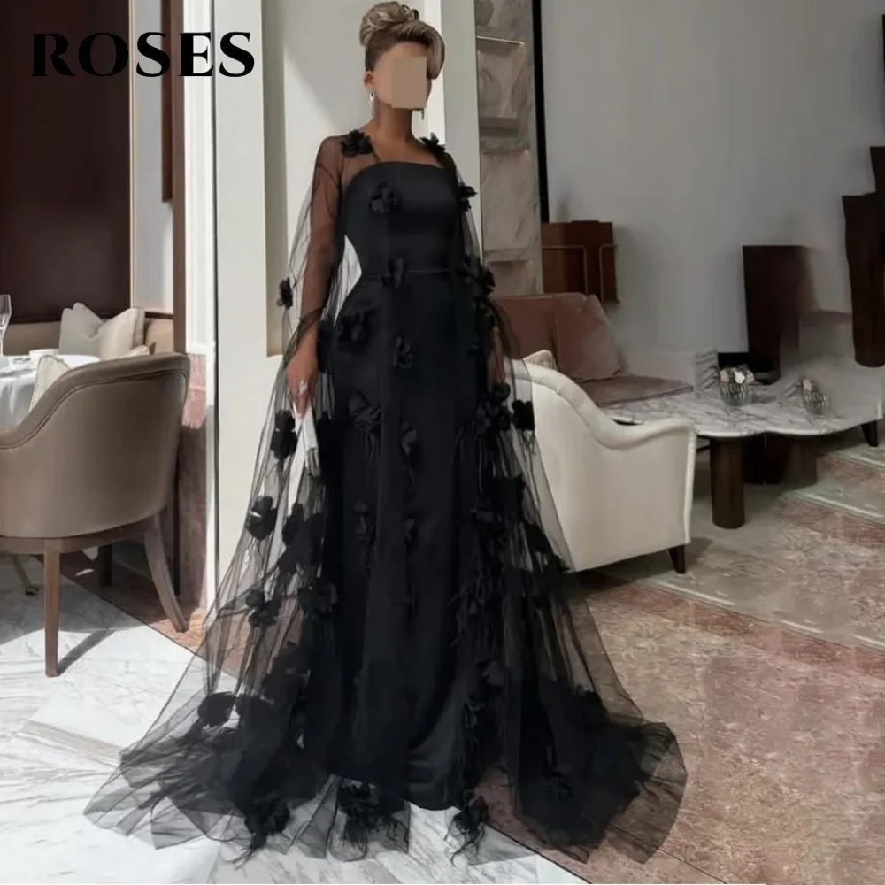 

ROSES Черное платье для выпускного вечера с 3D цветком, кружевное вечернее платье с длинными рукавами, платье с квадратным воротником, свадебное платье для женщин по индивидуальному заказу